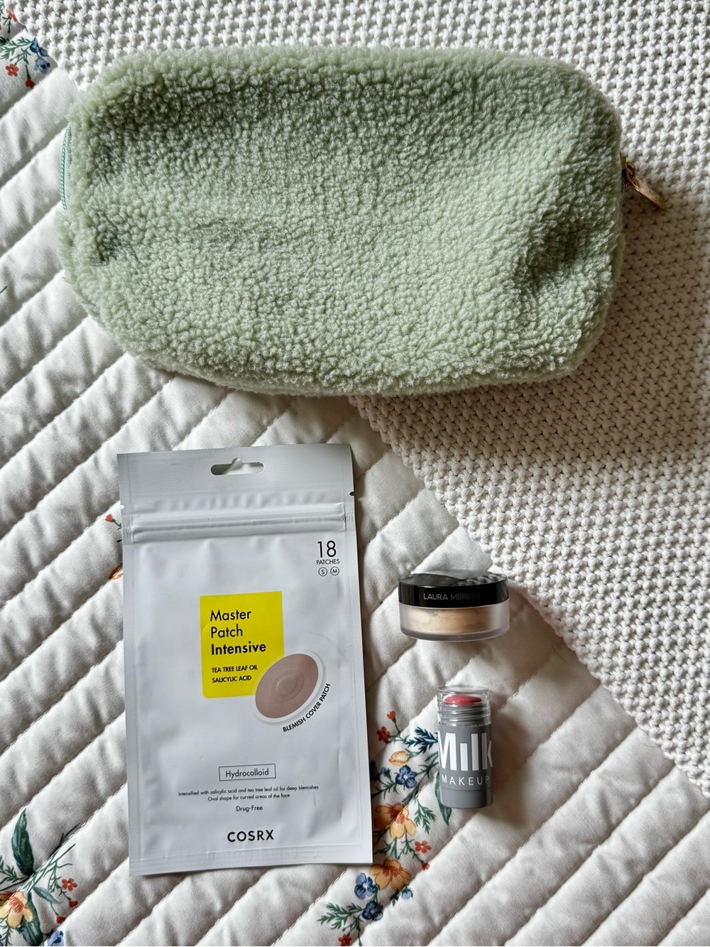 4 Piece Sephora Travel Set: Bag, Laura Mercier Powder, COSRX Patches, Milk Blush
